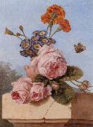 unknow artist Still life of roses,carnations and polyanthers in a terracotta urn,upon a stone ledge,together with a tortoiseshell butterfly oil painting artist